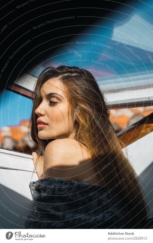 Charmante Frau, die im Fenster posiert. genießen Beautyfotografie träumen Sonnenlicht Morgen Menschliches Gesicht Model sensitiv wunderbar natürlich