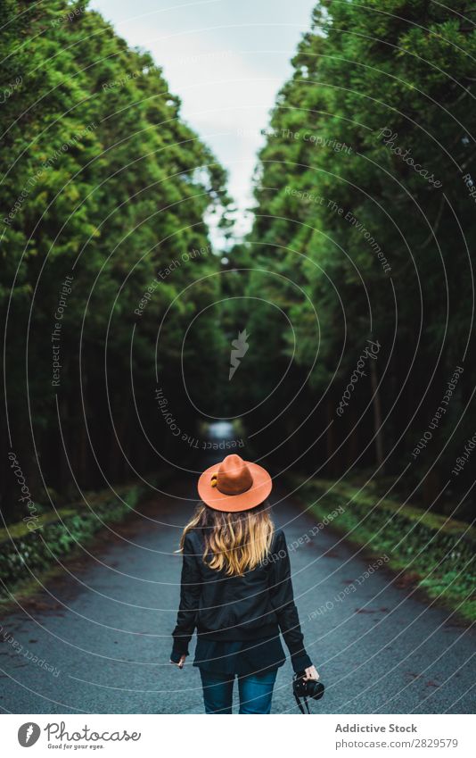 Frau mit Kamera im Wald Fotograf grün Natur Fotokamera Hut hübsch Jugendliche Straße Asphalt Lächeln Umwelt Blick in die Kamera natürlich Jahreszeiten Pflanze