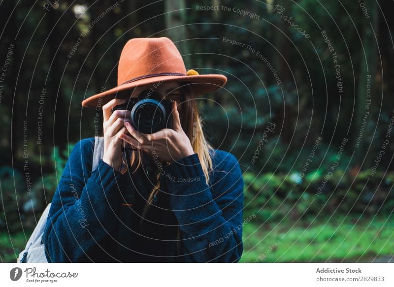 Frau macht Schüsse im Wald Tourist grün Natur Fotograf Fotokamera Rucksack zielen nehmen Fokussierung Umwelt natürlich Jahreszeiten Pflanze Blatt Licht frisch