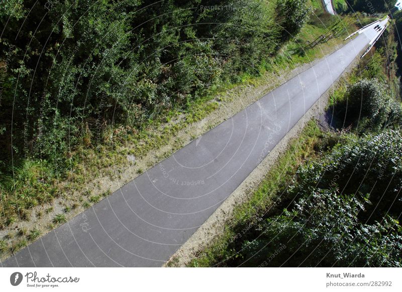 Weg Fußgänger wandern grau grün spazieren gehen Ziel Fahrradweg Spazierweg diagonal schräg Personen Farbfoto Außenaufnahme Tag Vogelperspektive