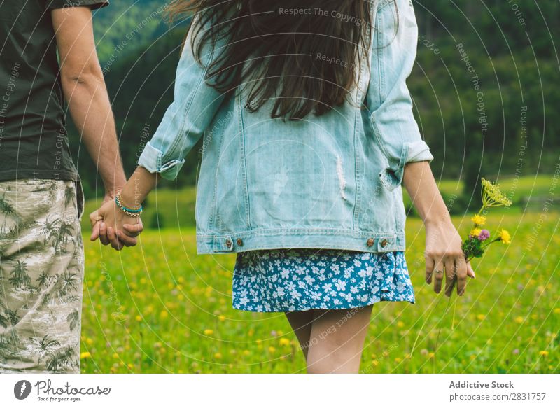 Ein Paar, das auf einer Wiese in Hügeln spazieren geht. Händchenhalten Natur Sommer Mensch Mann Frau Liebe Gras schön Zusammensein Jugendliche Glück Landschaft