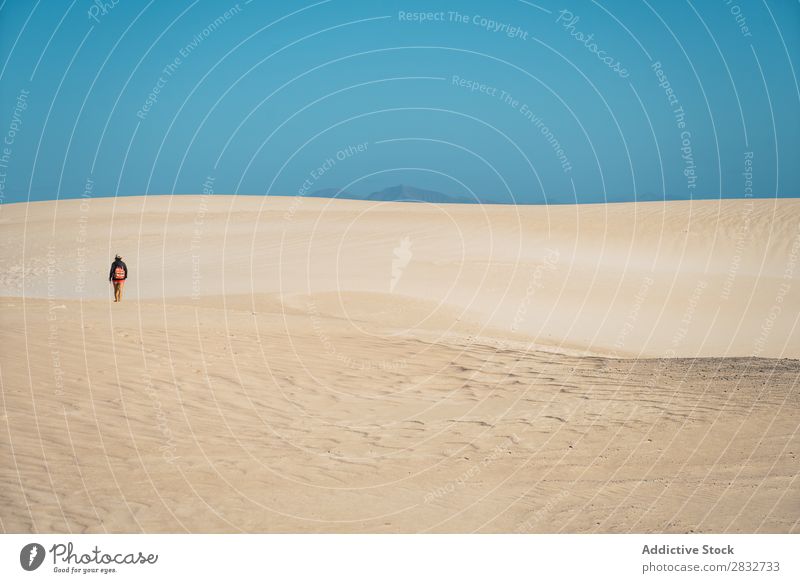 Anonymer Reisender in sandigen Dünen Sand Erkundung Wildnis Wüste Ferien & Urlaub & Reisen abgelegen Freiheit Himmel Landschaft Horizont Beautyfotografie