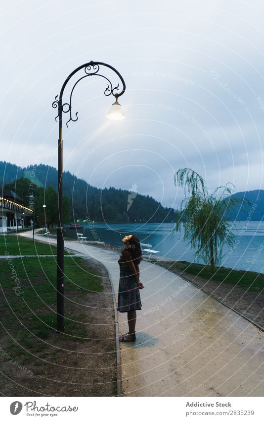 Frau, die auf den Laternenpfahl schaut. laufen See aufschauend Lampe Abend Küste Aussicht Natur Wasser Landschaft Sommer blau grün schön Szene