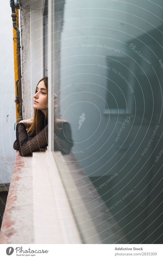 Junges Modell, das im Fenster posiert. Frau Körperhaltung Ausschau haltend Beautyfotografie Zufriedenheit Porträt heiter Straße romantisch träumen Wohnung