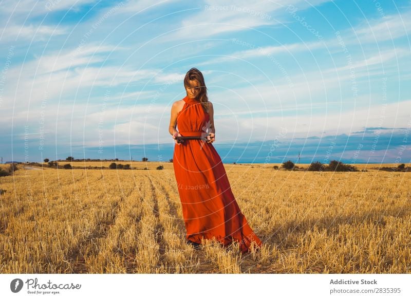 Hübsche Frau mit großem Schlüssel auf dem Feld schön Leistung hübsch Kleid Jugendliche Natur Sommer Fröhlichkeit Porträt heiter Beautyfotografie Landschaft