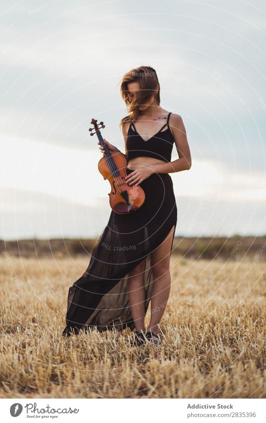 Hübsche Frau mit Geige auf dem Feld Musik Musiker Kunst Geiger Klassik Instrument schön klassisch Musical Spieler Leistung hübsch Kleid Jugendliche Natur Sommer