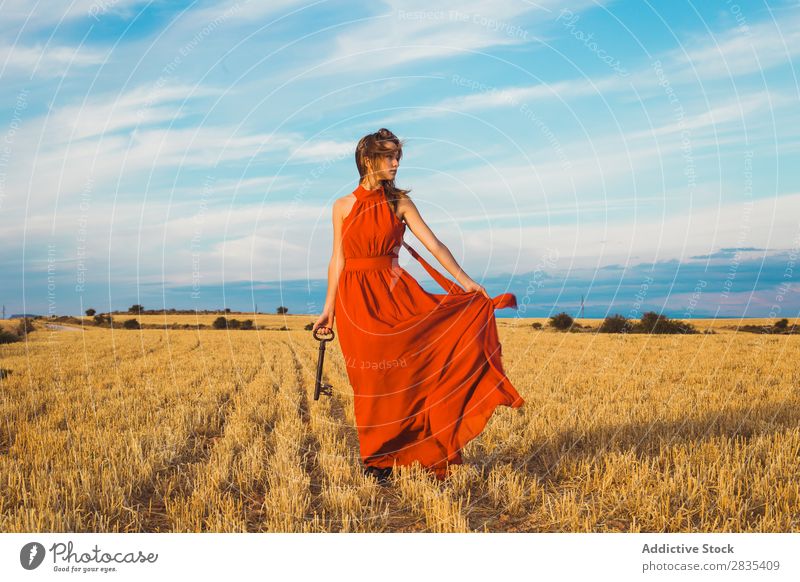 Hübsche Frau mit großem Schlüssel auf dem Feld schön Spieler Leistung hübsch Kleid Jugendliche Natur Sommer Fröhlichkeit Porträt heiter Beautyfotografie