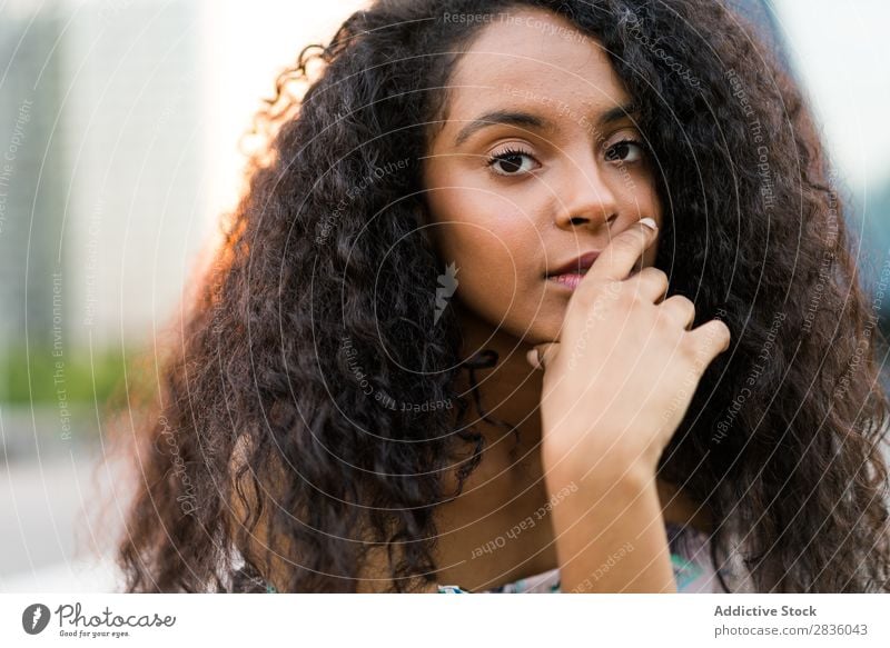 Junge schwarze Frau mit Blick auf die Kamera hübsch Jugendliche Porträt Blick in die Kamera Afrikanisch Kopf schön lockig brünett Beautyfotografie Mädchen