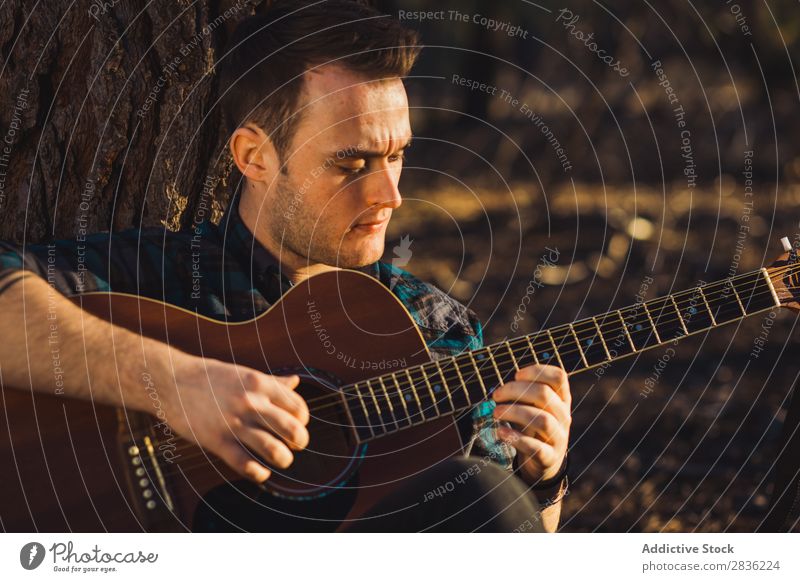 Mann spielt Gitarre in der Natur Musik Wald Sonnenstrahlen Tag anlehnen sitzen Rüssel Lifestyle Musiker lässig Gitarrenspieler akustisch Herbst Musical Mensch