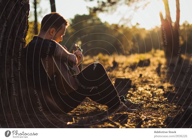 Mann spielt Gitarre in der Natur Musik Wald Sonnenstrahlen Tag anlehnen sitzen Rüssel Lifestyle Musiker lässig Gitarrenspieler akustisch Herbst Musical Mensch