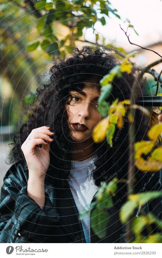 Junge lockige Frau im Park attraktiv Großstadt modisch brünett Herbst Blatt Blick in die Kamera Jacke Mode Jugendliche schön hübsch Straße Model Stil Behaarung