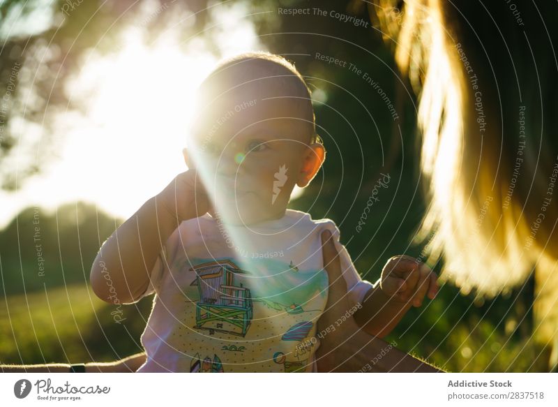 Süßes kleines Kind im Park Rasen grün Mutter Sonnenstrahlen Familie & Verwandtschaft Glück Mensch Frau Fröhlichkeit Sommer Lifestyle Liebe Eltern Natur