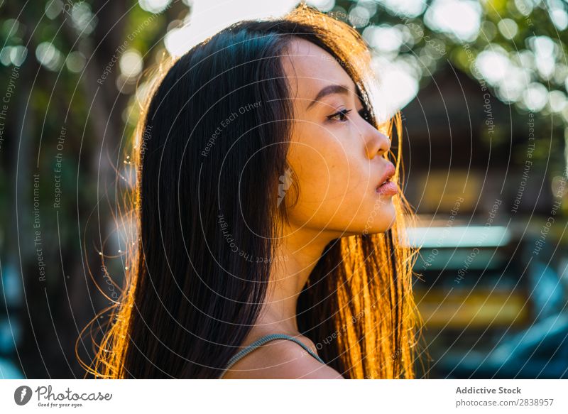 Fröhliche asiatische Frau, die auf der Straße posiert. hübsch Jugendliche heiter Glück Freude Park Stadt brünett schön Porträt attraktiv Beautyfotografie Mensch