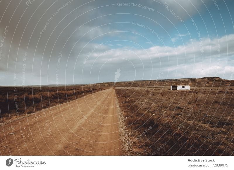 Trockene Straße bei bewölktem Himmel Natur regenarm Landschaft Perspektive Ferien & Urlaub & Reisen Wüste Landen Gras Sand Boden Umwelt gelb Stein Wildnis schön