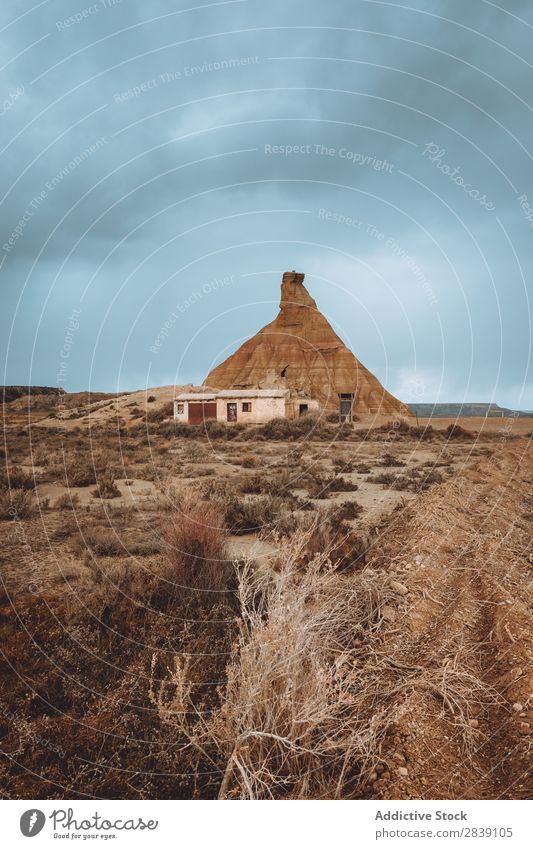 Kleines Haus auf einem sandigen Hügel Berge u. Gebirge Natur regenarm Landschaft Gebäude klein Ferien & Urlaub & Reisen Wüste Landen Gras Sand Boden Umwelt gelb