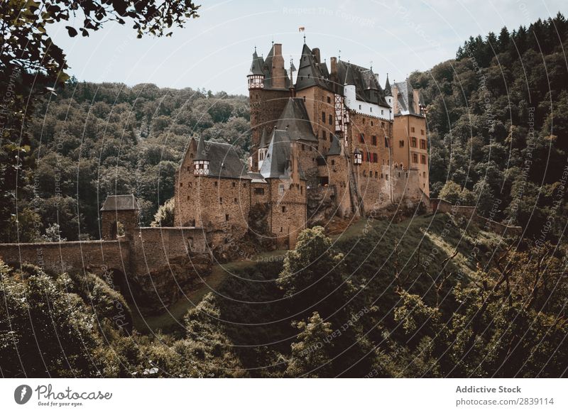 Altes Schloss auf grünem Hügel Burg oder Schloss Außenseite antik Architektur castillo Eltz Alemania historisch Wahrzeichen Festung alt Denkmal Gothic