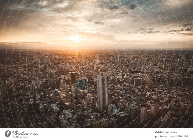 Stadt bei Sonnenuntergang Großstadt Hochhaus Fluggerät Sonnenlicht Abend Aussicht Skyline Gebäude Architektur Stadtzentrum modern Wahrzeichen Landschaft Szene