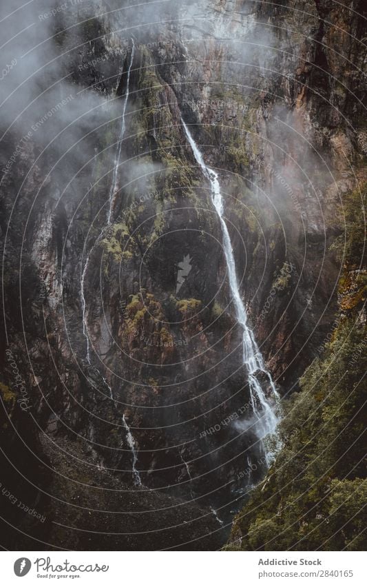 Dünner Wasserfall im Berg Berge u. Gebirge fließen dünn strömen Natur grün Aussicht Hügel Klippe Felsen Pflanze schön natürlich Jahreszeiten frisch Umwelt Wald