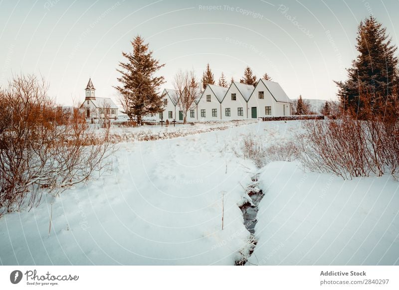 Häuser in verschneiter Ebene Wohnsiedlung Haus Schnee Winter Tal Landschaft ländlich Natur Tourismus Norden Aussicht Idylle Jahreszeiten Baum Reichweite bedeckt