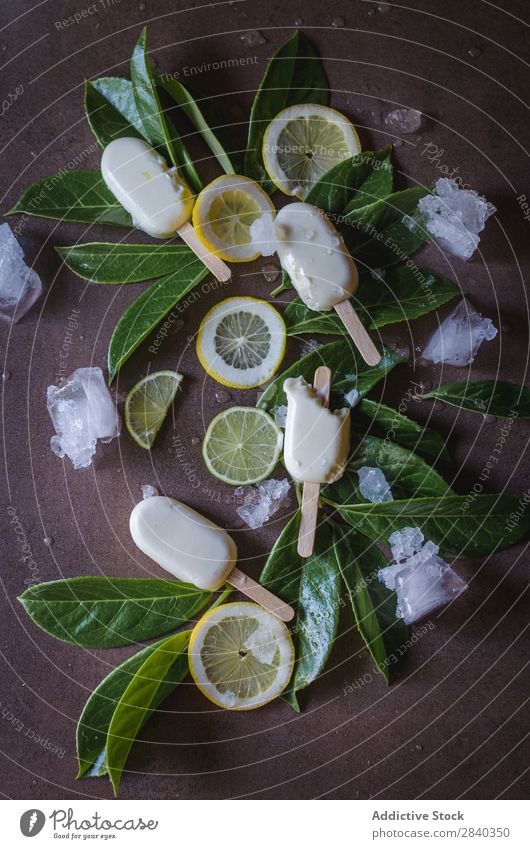 Leckeres Eis mit Zitrone Speiseeis gebastelt süß Lebensmittel Dessert kalt cremig Molkerei Blatt grün gefroren Feinschmecker lecker Erfrischung Geschmack Sorbet