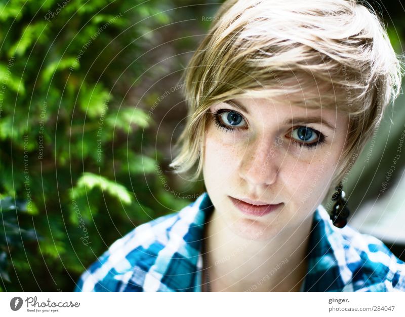 Blaue Augen Mensch feminin Junge Frau Jugendliche Erwachsene Leben Kopf Haare & Frisuren Gesicht Nase Mund Natur blond Freundlichkeit blau grün groß Blick