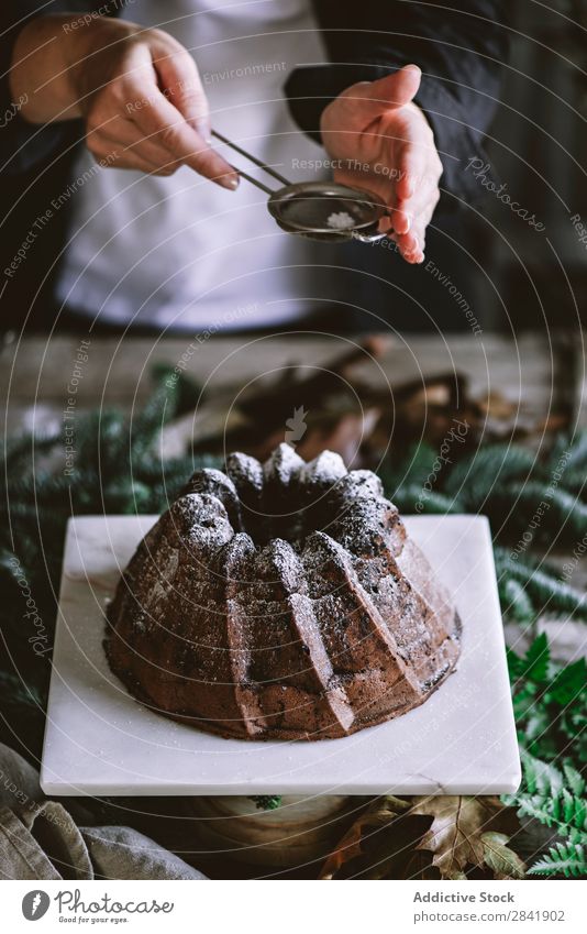 Getreideperson Puddingkuchen mit Puderzucker pflanzen. Mensch Kuchen Schokolade gepulvert Zucker Staubwischen Berieselung stehen Dessert süß Lebensmittel lecker