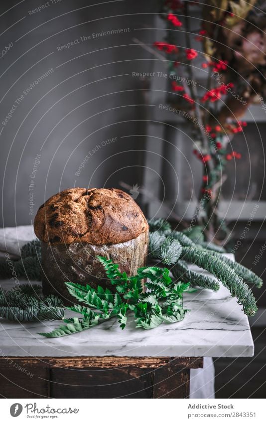 Leckerer gebackener Panettone auf dem Tisch Kuchen süß geschmackvoll Tasse Dessert Lebensmittel Backwaren Bäckerei lecker gebastelt Teekuchen Snack