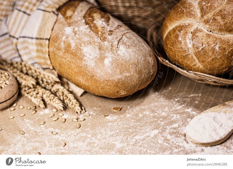 Frisch gebackenes Brot, Weizen und Mehl auf rustikalem Hintergrund Lebensmittel Teigwaren Backwaren Ernährung Essen Frühstück Mittagessen Abendessen Büffet