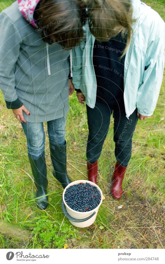 Beute bestaunen Lebensmittel Frucht Abenteuer Mensch feminin Junge Frau Jugendliche Freundschaft 2 Natur Wiese beobachten stehen Blaubeeren Gummistiefel