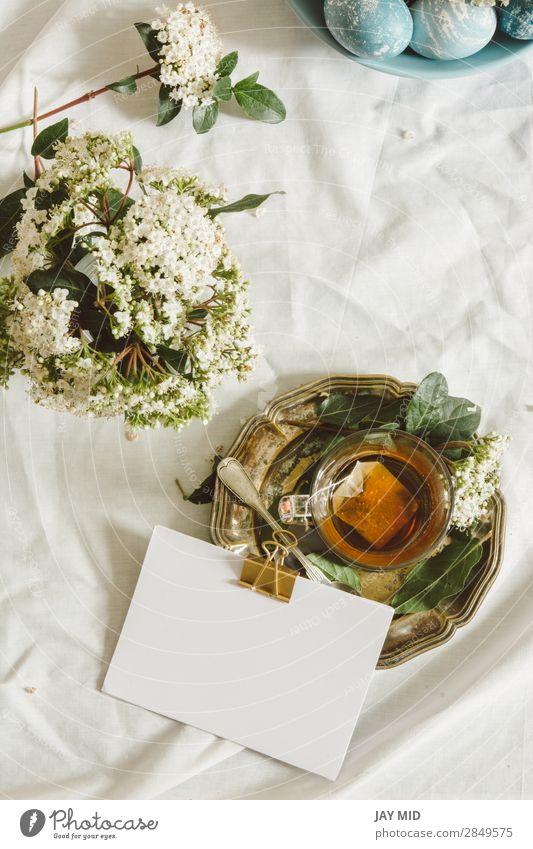 Natürlich gefärbte osterblaue Eier und Teetasse, Frühstück schön Dekoration & Verzierung Feste & Feiern Ostern Blume grün weiß Tradition Hintergrund