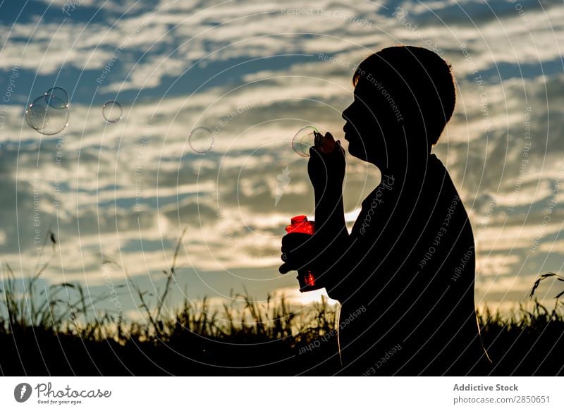 Silhouette des Jungen, der Seifenblasen bläst. Natur wehen Ferien & Urlaub & Reisen Freude Wiese hell Unbekümmertheit Entertainment Freiheit Ausdruck