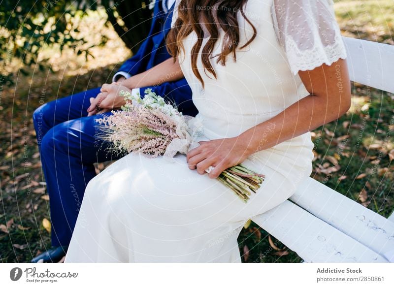 Schneiden Sie Braut und Bräutigam auf der Bank. striegeln Paar romantisch Feste & Feiern Zusammensein Händchenhalten Sommer Blume Außenaufnahme Engagement Liebe