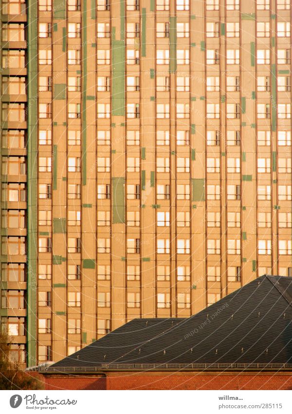 Fassadenbegrünung Haus Hochhaus Bauwerk Gebäude Architektur Plattenbau Fenster Dach hoch kaputt Stadt orange Verfall Fassadenverkleidung Fassadennetz Reparatur