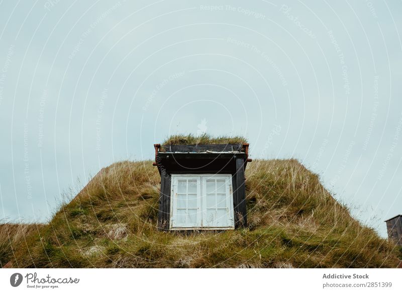 Fenster im Haus mit Gras bedeckt Landschaft ländlich Dach Konstruktion Architektur natürlich Natur grün Außenseite Hügel Holz Tourismus frisch Gebäude trist