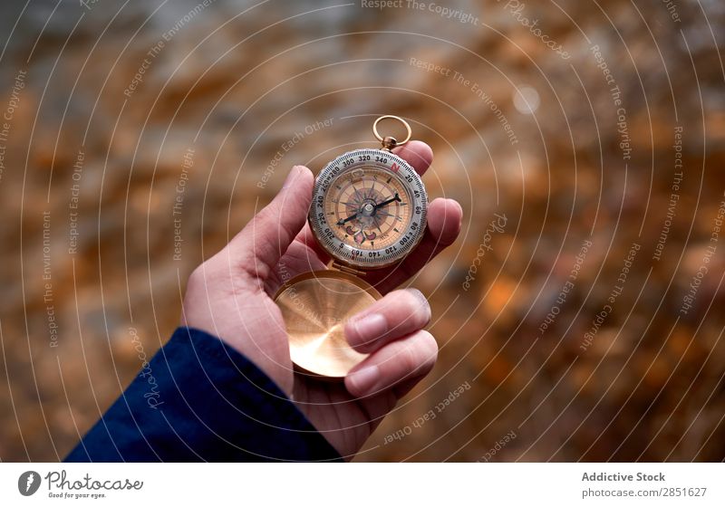 Hand mit Kompass in der Natur Reisender Zirkel Herbst Blatt Ferien & Urlaub & Reisen Richtung Weg Abenteuer verirrt wandern Aussicht Pfeile Erkundung