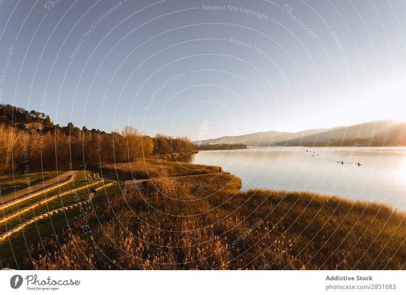 See-Banyolen Banylle Sonnenuntergang Dämmerung Kanuten Wasser Katalonien Girona Natur Landschaft lestany Pla blau Herbst Spanien Himmel Erholung Wald Frieden