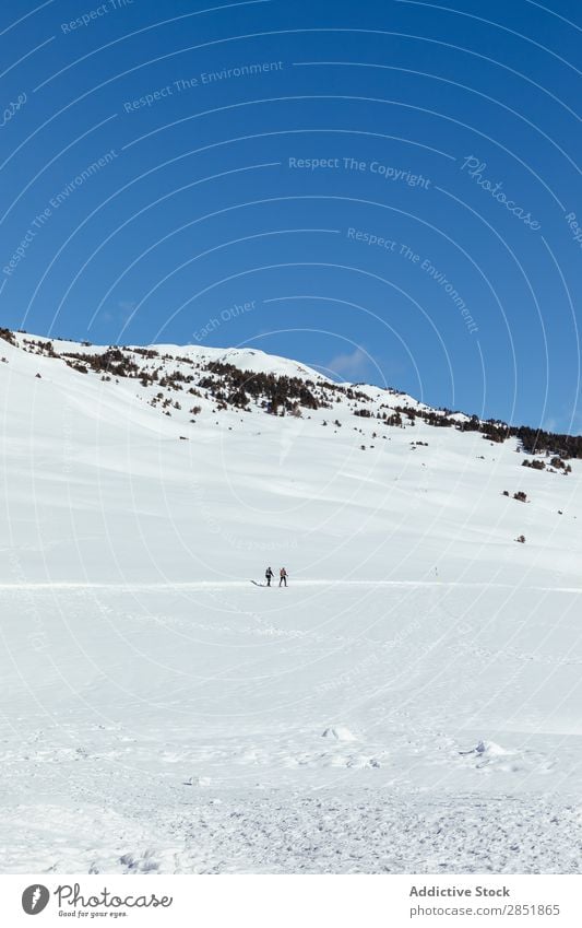 Menschen, die durch den Schnee gehen. Berge u. Gebirge Winter Schneeschuhe Natur Skigebiet weiß Wanderer Landschaft Abenteuer Mann Frau Sport wandern Himmel