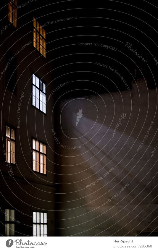 Leben im Hof Stadt Altstadt Haus Bauwerk Gebäude Architektur Mauer Wand Fenster leuchten gelb grau schwarz türkis weiß Hinterhof Fensterscheibe Fensterkreuz