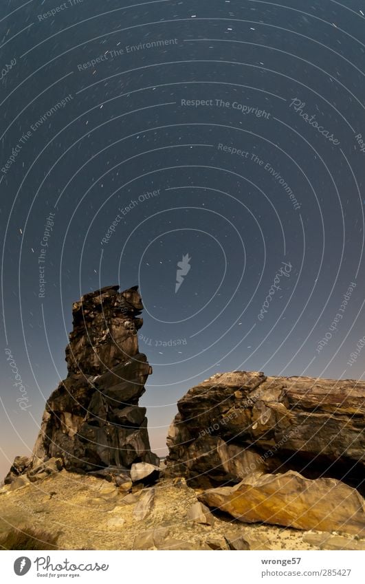 Sternenspuren Natur Landschaft Himmel Wolkenloser Himmel Nachthimmel Sommer Felsen Berge u. Gebirge Harz Vorharz Unendlichkeit Stativ Farbfoto Gedeckte Farben