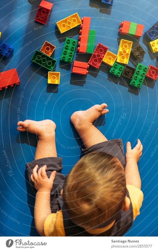 Frohes Baby beim Spielen mit Spielzeugblöcken. Kinderbetreuung Kindergarten Schule Kleinkind Junge klein Glück Fürsorge Etage niedlich Freude Vorschule Bildung