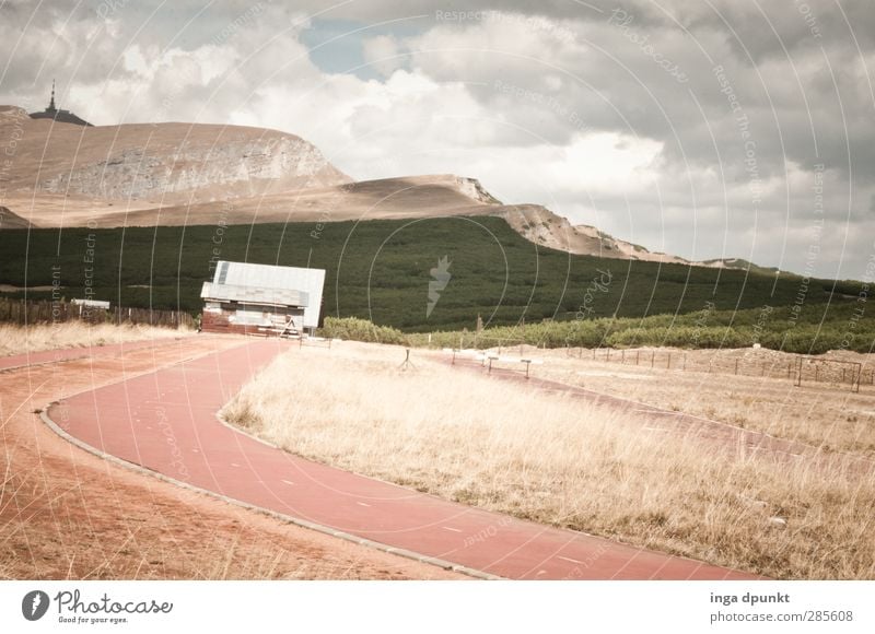 Die hohe Laufbahn Umwelt Natur Landschaft Gras Berge u. Gebirge Rumänien Siebenbürgen Karpaten Sport Sportplatz Sportstätten Verfall Gedeckte Farben