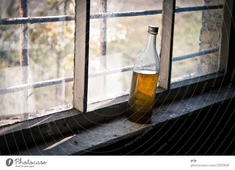 fusel Getränk Alkohol Spirituosen Wodkaflasche Flasche Ruine Fenster Gitterrost Fensterbrett Laster Verfall Vergangenheit Vergänglichkeit Sucht Unbewohnt Rost