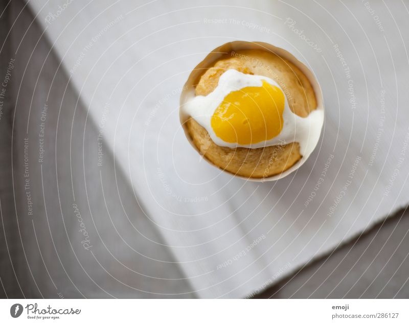 egg sunny side up Lebensmittel Milcherzeugnisse Süßwaren Ei Spiegelei Muffin Sahne Ernährung lecker lustig gelb Farbfoto Detailaufnahme Textfreiraum links