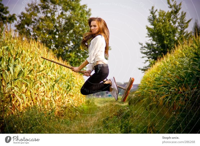 Böse Hexe auf Mission! feminin Junge Frau Jugendliche 1 Mensch Pflanze Wolkenloser Himmel Sommer Herbst Baum Gras Mais Maisfeld Maispflanzen Feld brünett