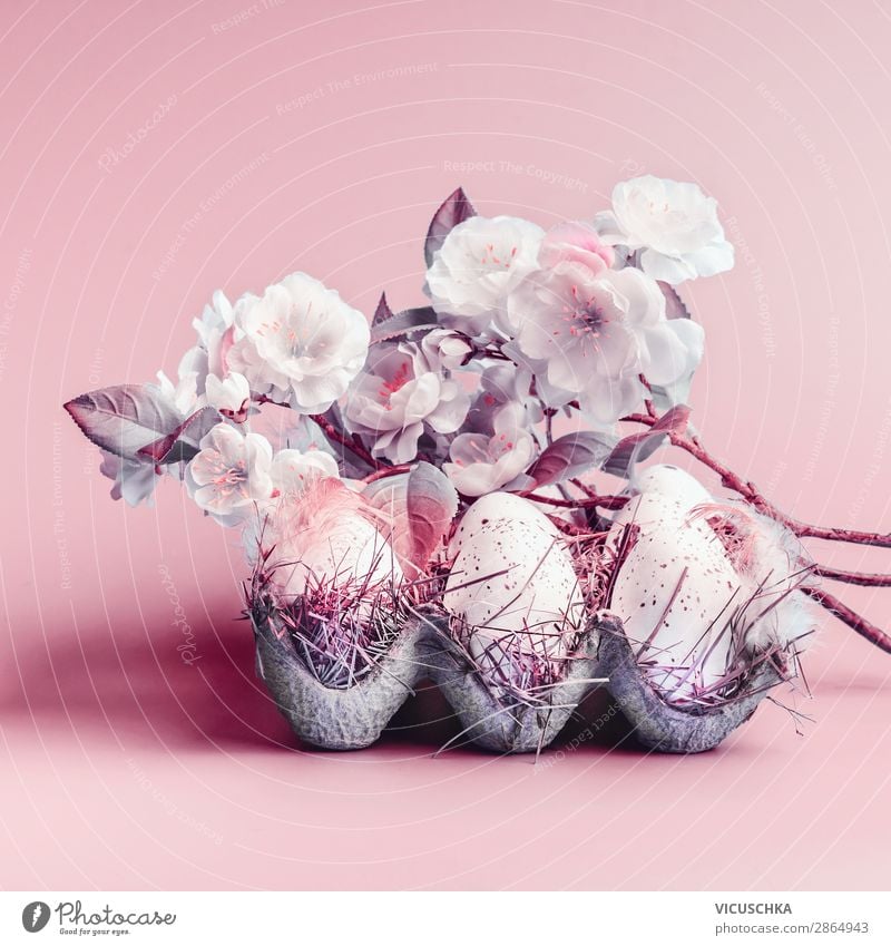 Ostereier und Frühlingsblüte Stil Design Dekoration & Verzierung Ostern Natur Pflanze Blatt Blüte rosa Tradition Hintergrundbild Symbole & Metaphern Farbfoto