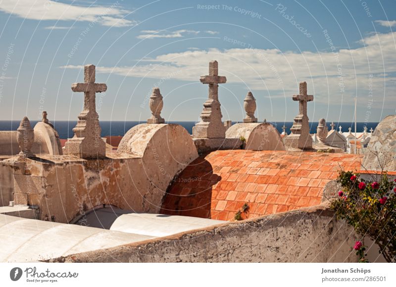 Friedhof von Bonifacio Architektur Schmerz Tod Himmel Kreuz Christliches Kreuz Dach Beerdigung Hoffnung Horizont Vergänglichkeit Ewigkeit Stein Wärme Mittelmeer