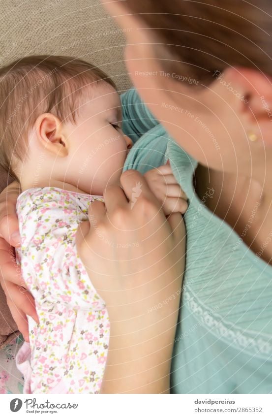 Junge Mutter stillt ihr Baby zu Hause. Ernährung Essen Glück Gesicht Erholung ruhig Kind Frau Erwachsene Eltern Familie & Verwandtschaft Kindheit Frauenbrust