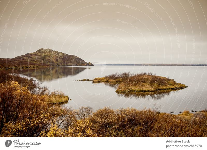 Wunderschöner See und Ufer mit Hügel Küste Klippe malerisch Island Stein Gras Wasser regenarm Himmel Wolken Oberfläche Aussicht Natur Ferien & Urlaub & Reisen