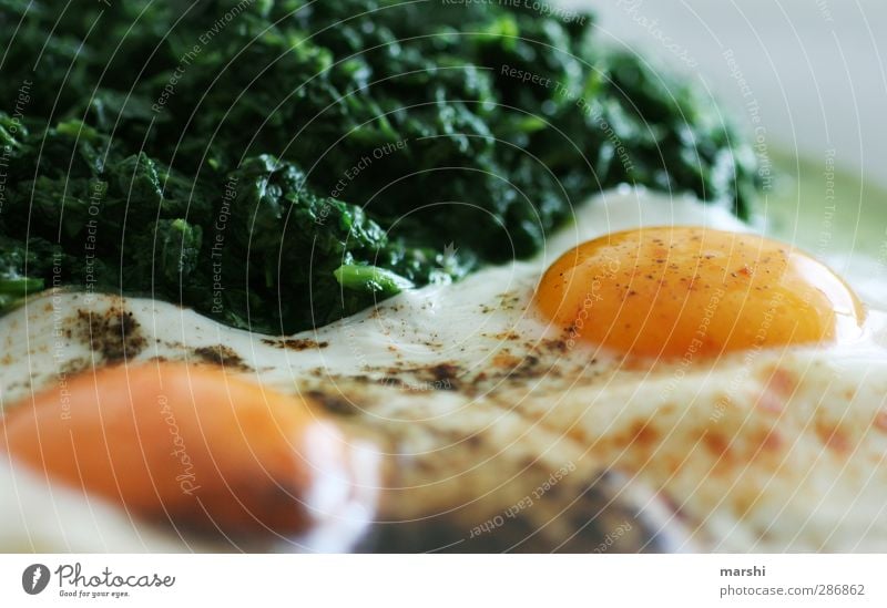 Mahlzeit Ernährung Mittagessen Abendessen gelb grün Spiegelei Spinat lecker Gesundheit Appetit & Hunger Ei Kräuter & Gewürze Farbfoto Detailaufnahme