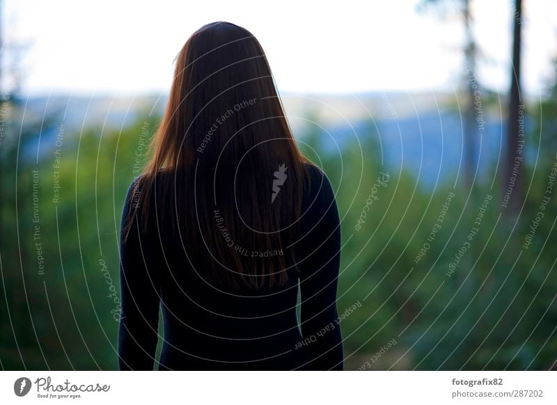 weitsicht Haare & Frisuren Mensch feminin Junge Frau Jugendliche 1 18-30 Jahre Erwachsene entdecken Blick dunkel grün schwarz Wald Ferne Blick nach vorn